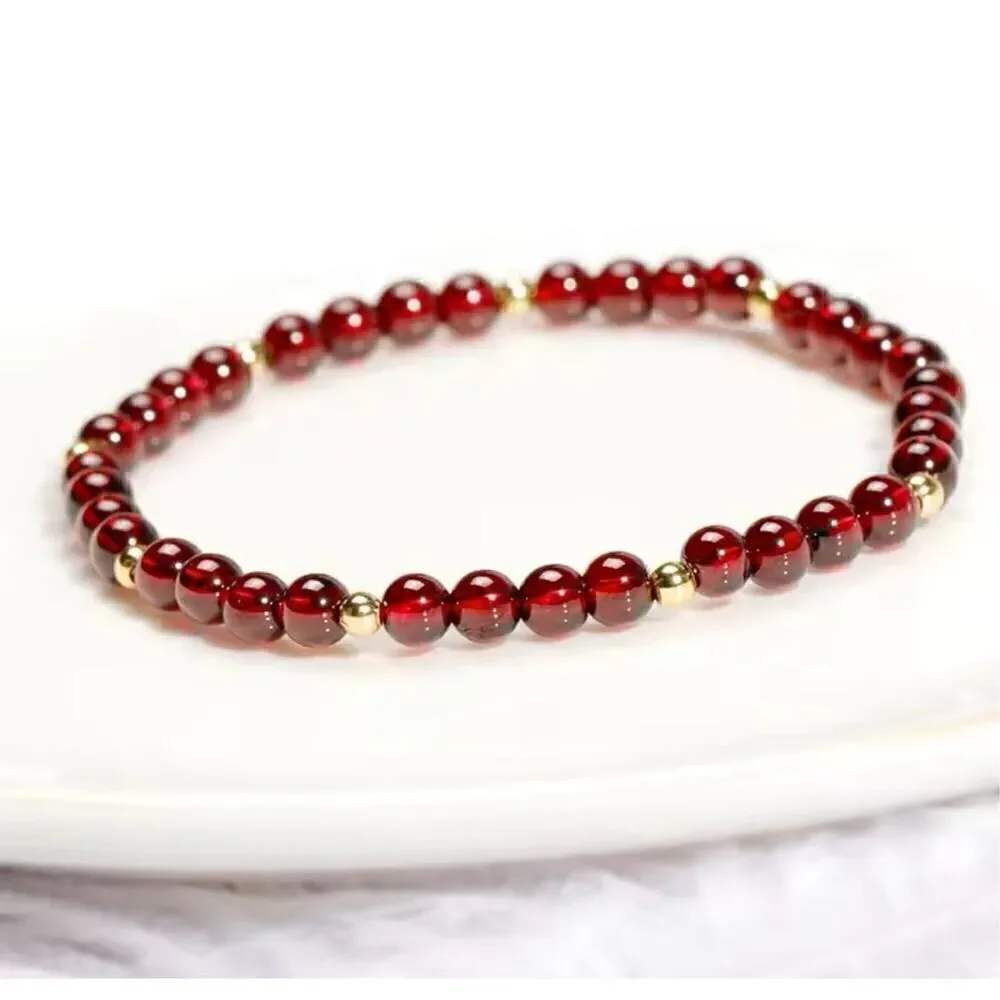 NWOT Natural Garnet Beads & 14k Gold-filled Elastic Beaded Bracelet Wine Red OS